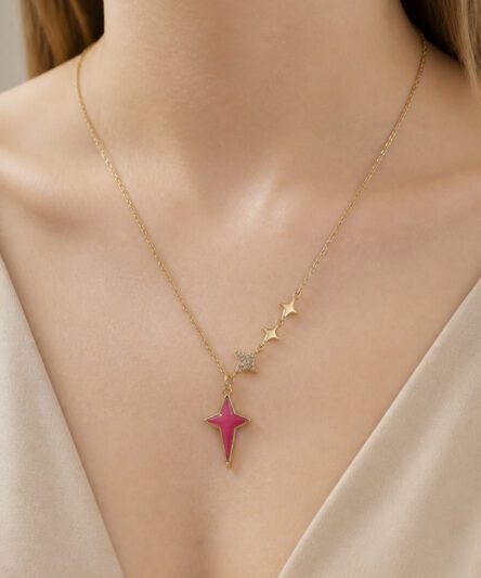 XUPING JEWELRY 14 Ayar Altın Kaplama,Yıldız Zirkon Taşlı Pembe Kolye