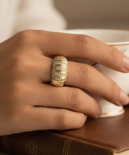 XUPING JEWELRY 14 Ayar Altın Kaplama, Bombe Ortası Zirkon Taşlı Yüzük