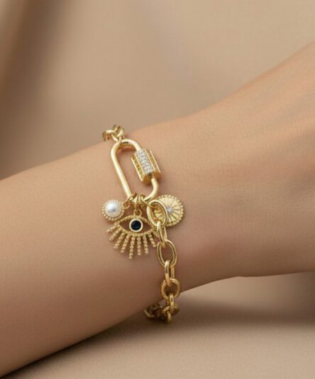 Stil İncisi/Xupıng Jewelry 14 Ayar Altın Kaplama, Göz İnci Zirkon Taşlı Bileklik (Ayarlanabilir)