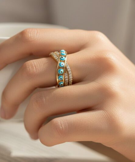 XUPING JEWELRY 14 Ayar Altın Kaplama, Nazar Boncuklu Zirkon Taşlı Yüzük