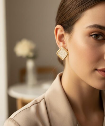 XUPING JEWELRY 14 Ayar Altın Kaplama, Kare Beyaz Küpe