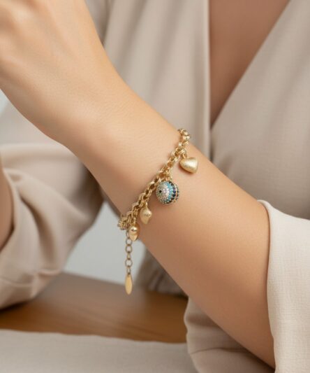 Stil İncisi/Xupıng Jewelry 14 Ayar Altın Kaplama Nazar Boncuklu,Kalpli Bileklik