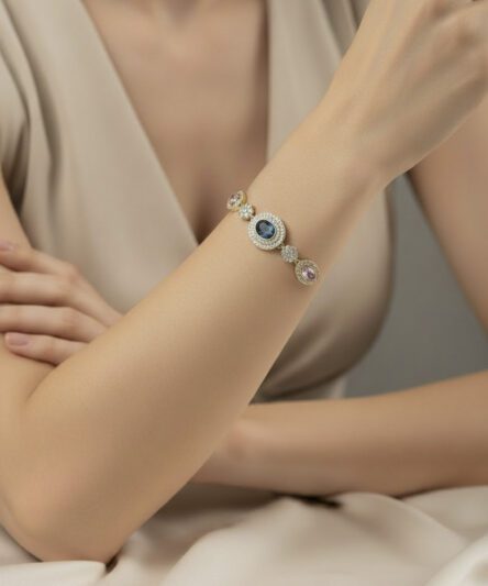 Stil İncisi/Xupıng Jewelry 14 Ayar Altın Kaplama, Prenses Zirkon Taşlı Bileklik Mavi_pembe