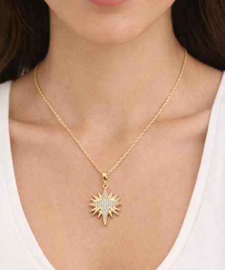 Vip Serisi/Stil İncisi 14 Ayar Altın Kaplama, Kuzey Yıldızı Zirkon Taşlı Kolye