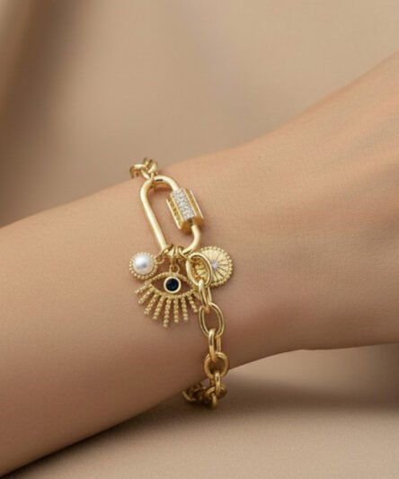 Stil İncisi/Xupıng Jewelry 14 Ayar Altın Kaplama, Göz İnci Zirkon Taşlı Bileklik (Ayarlanabilir)